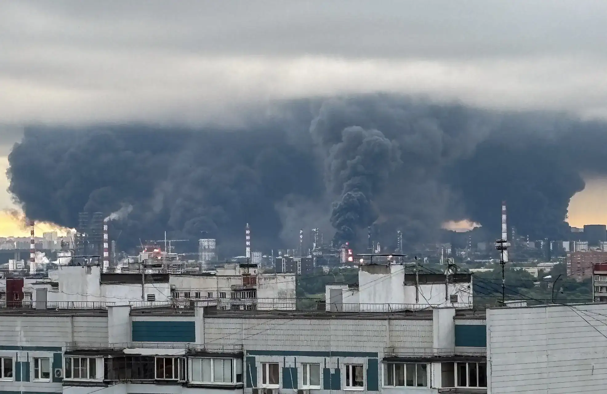 Smoke rising from an industrial facility after a drone strike.