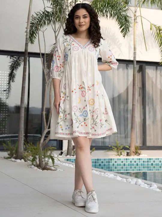 Image for ZUMMER-CottonFloralEmbroideredPuffSleeveEmpireDress