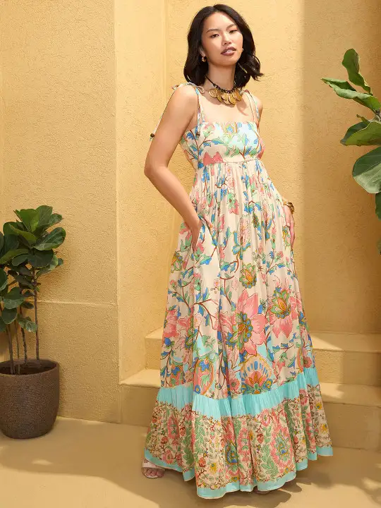 Image for PinkPaprikabySASSAFRAS-FloralPrintTie-UpNeckFit%26FlareMaxiDress