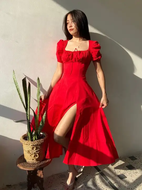 Image for ELYRAA-PuffSleeveCottonCorsetMidiDress