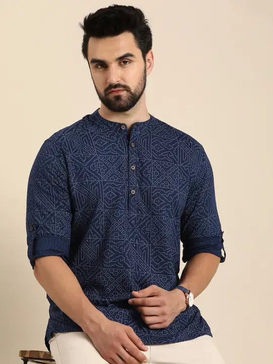 Image for Anouk-Men'sGeometricPrintedCottonIndigoShortKurta