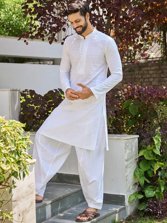 Image for SeeDesigns-Men'sWhitePureCottonChikankariStraightKurta