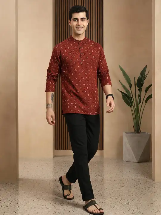 Image for Anouk-Men'sRed%26Cream-ColouredEthnicMotifsCottonShortKurta