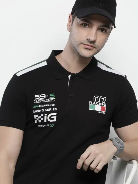 Image for TheIndianGarageCo-Men'sBlack%26WhitePoloCollarSlimFitT-shirt