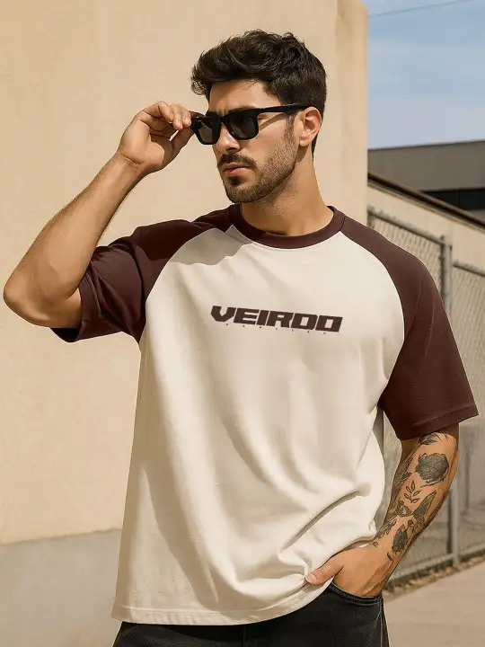 Image for VEIRDO-Men'sTypographyPrintedRoundNeckCottonOversizedT-shirt