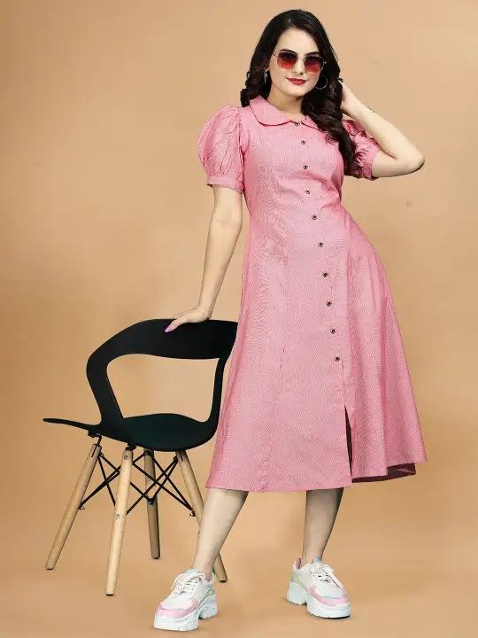 Image for QENA-Women'sCottonPeterPanCollarPuffSleeveAppliqueA-LineDress