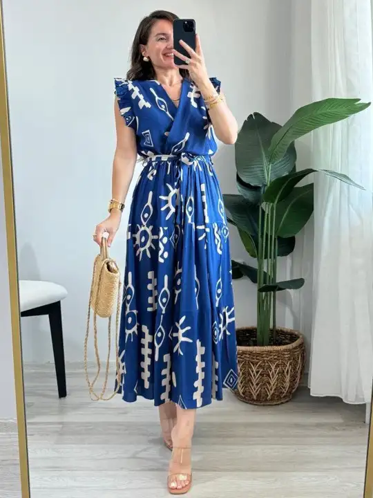 Image for PIMU-WomenPrintedV-NeckTieredSleevelessWrapMaxiDress