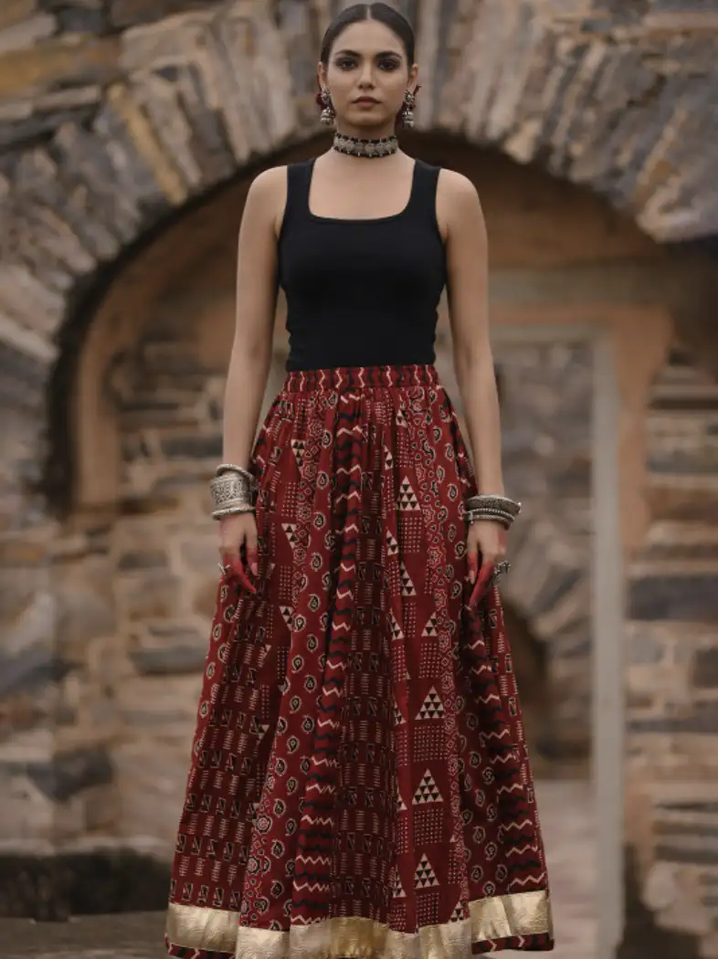 Image for AnaynaWomenPrintedA-LineFlaredCottonMaxiSkirt