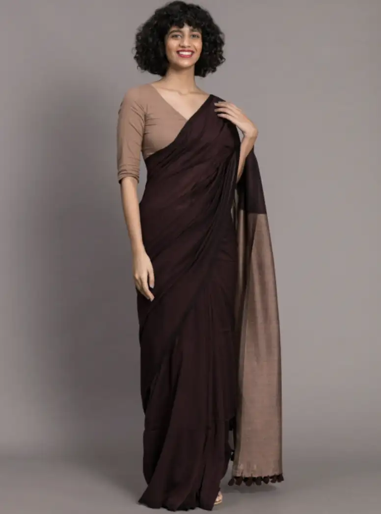 Image for SutaBrownColourblockedCottonBlendSaree