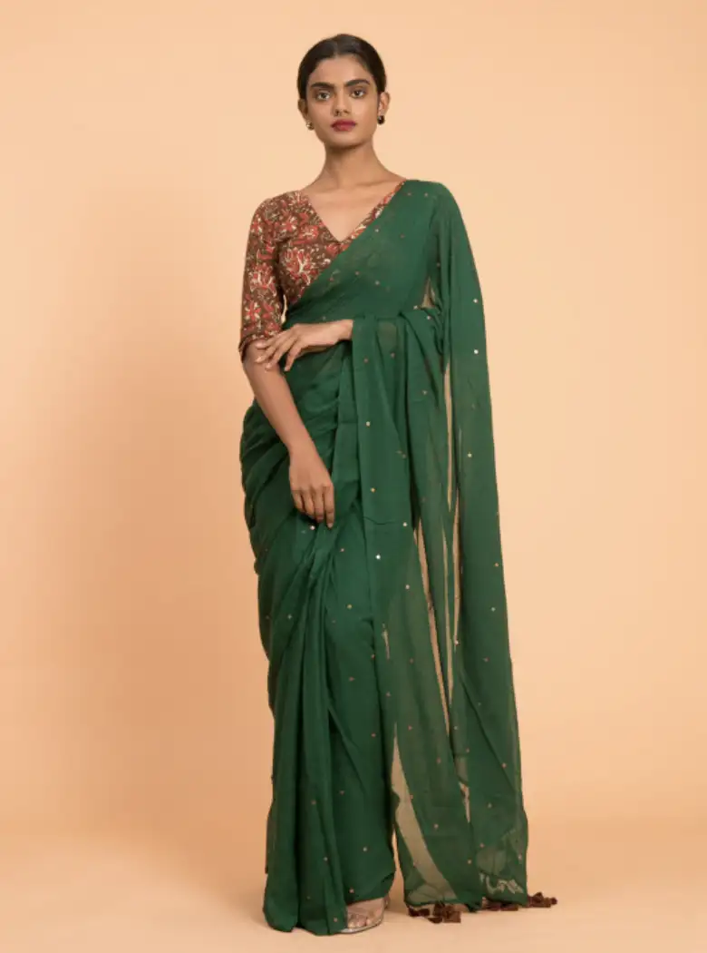 Image for SutaGreenEmbellishedSequinnedPureCottonSaree