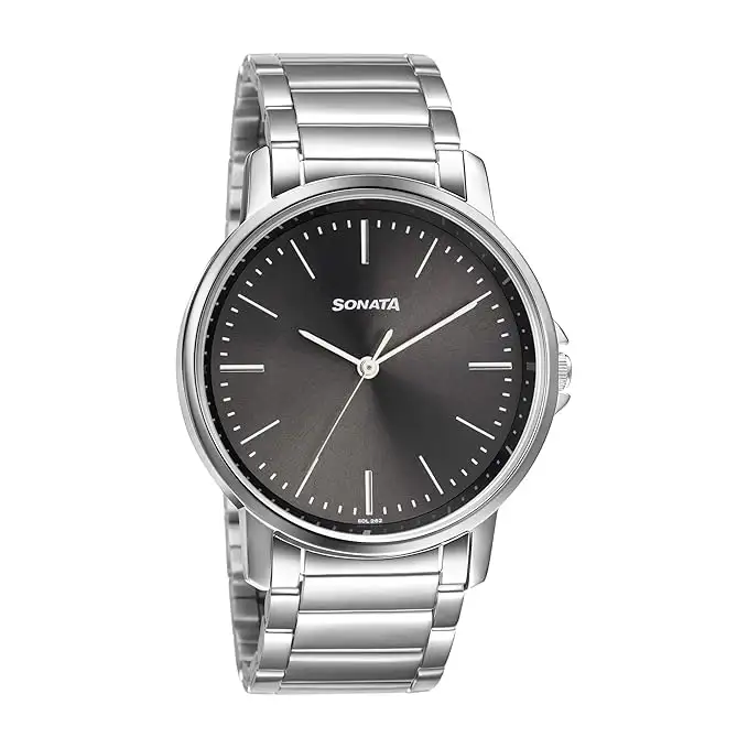 Image for SonataEssentialsQuartzAnalogBlackDialSilverStainlessSteelStrapWatchforMen