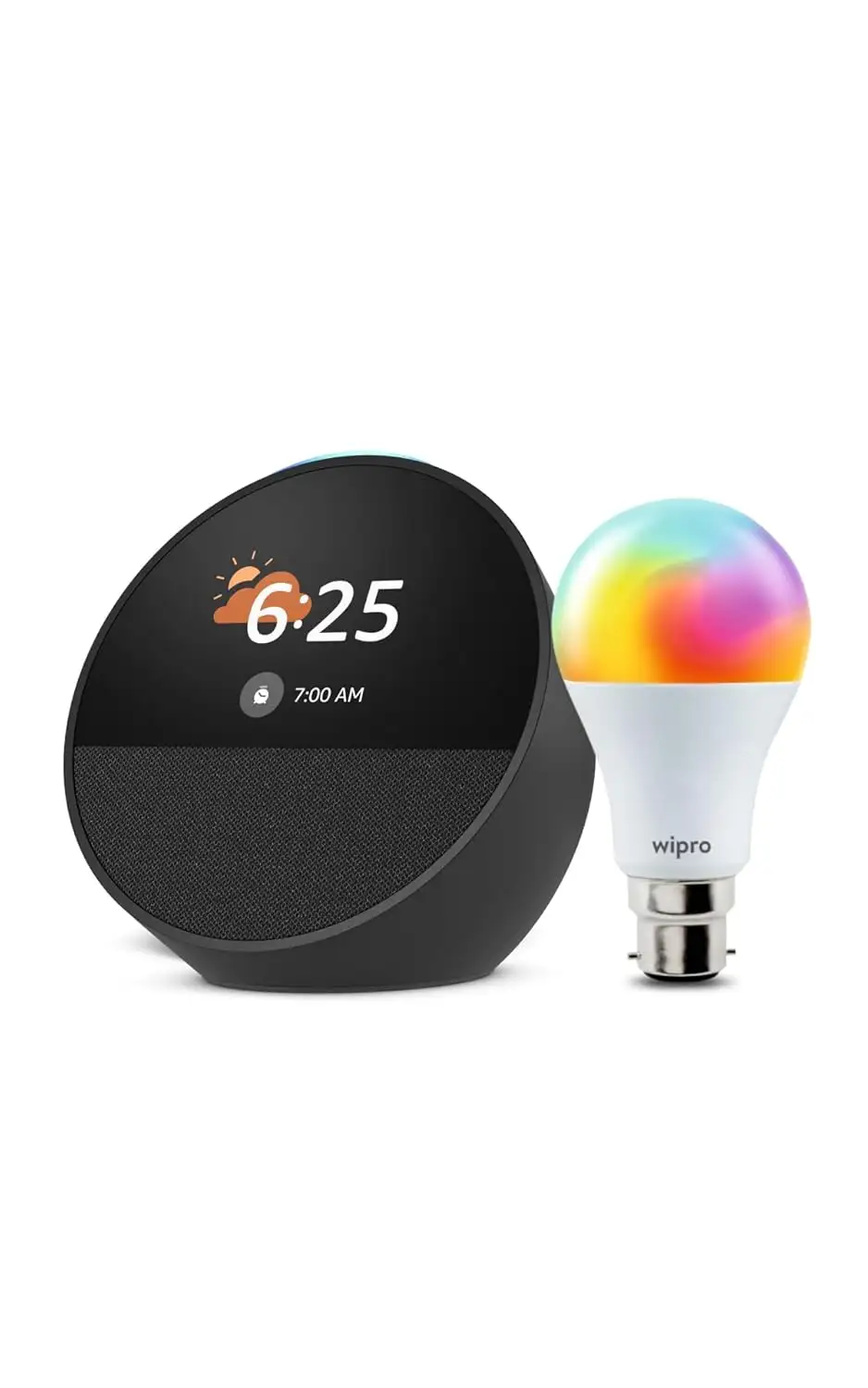 Image for All-newEchoSpot%2CSmartalarmclockwithvibrantsound%2BAlexa%2CBlackSmartHomeSpeakerCombowithWiproSimpleSetup9WLEDSmartColorBulb