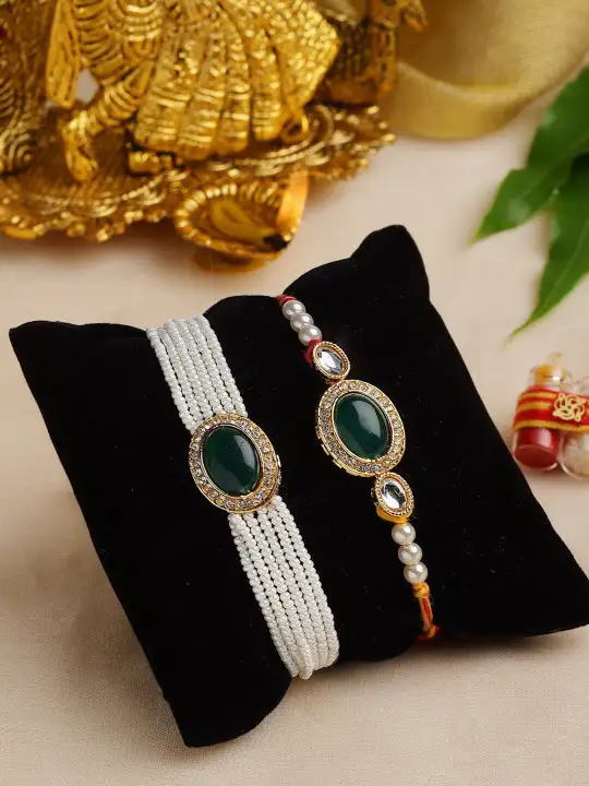Image for PANASH-SetOf2Gold-PlatedStone-Studded%26amp%3BBeadedRakhis