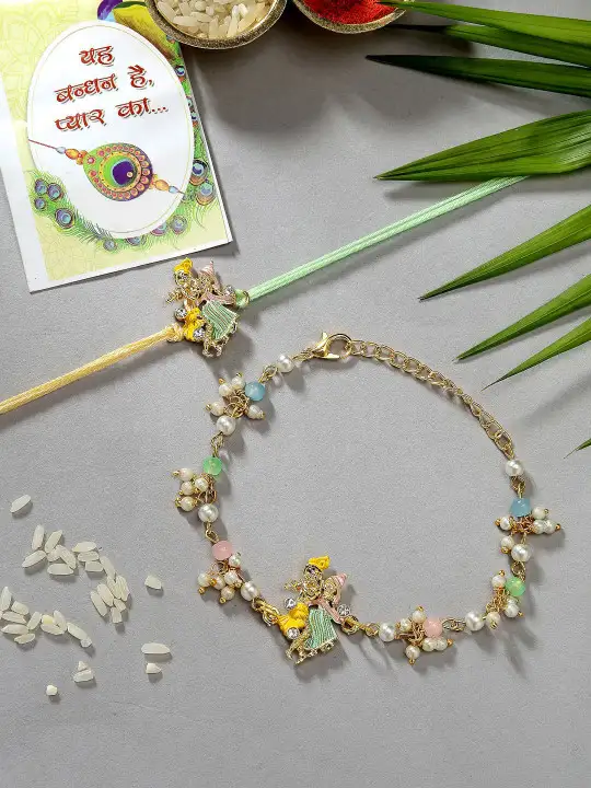 Image for NVR-SetOf2MulticolorGold-TonedRadhaKrishnaBeadedBhaiyaBhabhiRakhi
