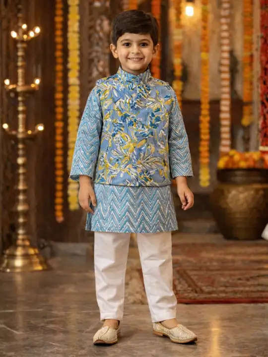 Image for Superminis-BoysFloralPrintedRegularPureCottonKurtawithPyjamas
