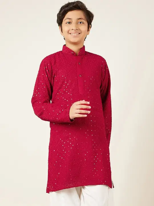 Image for AjDEZInES-BoysRedEthnicMotifsMandarinCollarSequinnedCottonKurta