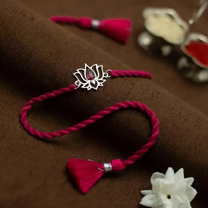 Image for MEENAKARIHERITAGEJEWELLERYPure925SterlingSilverLotusWithZirconRakhi