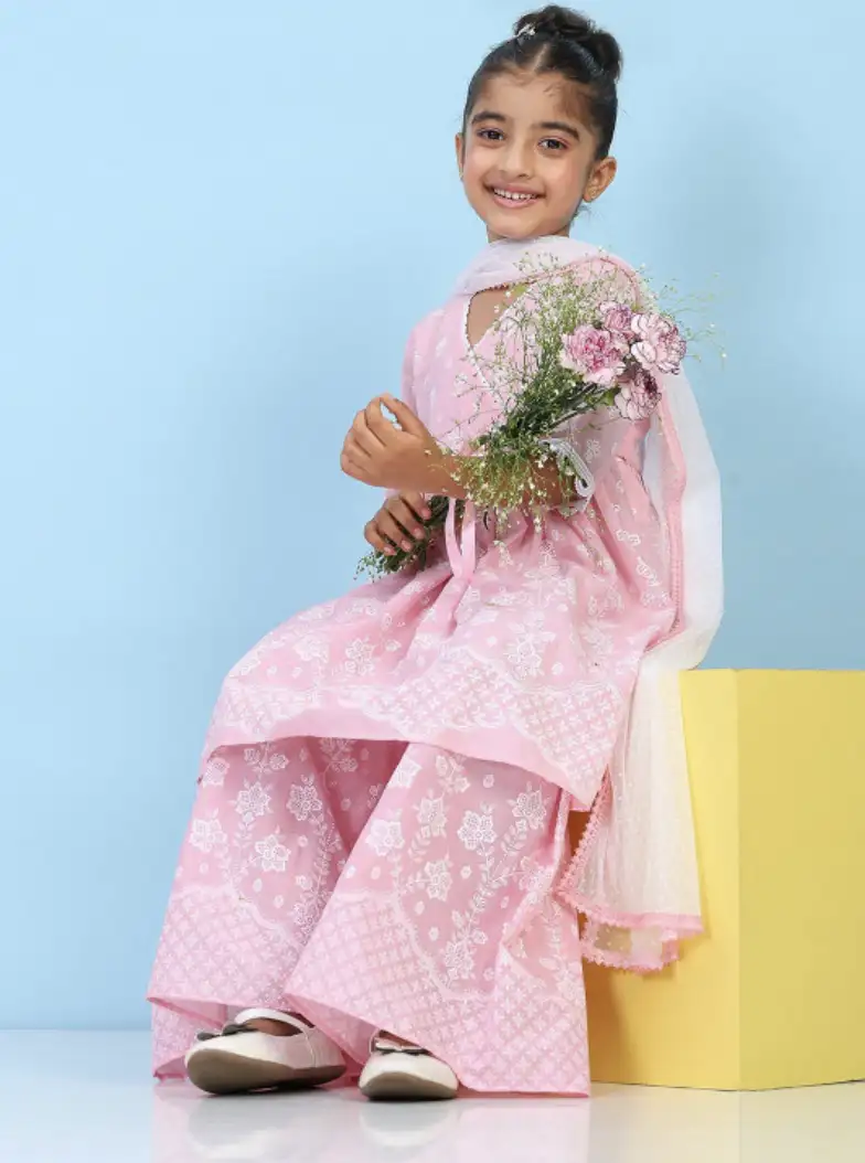 Image for BibaGirlsFloralPrintedAngrakhaPureCottonKurtawithSharara%26amp%3BDupatta