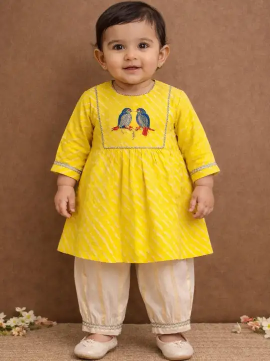 Image for PspeachesBabyGirlsYellowAndWhiteLeheriyaCottonKurtaPantSet