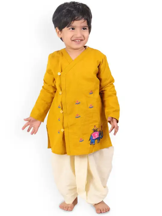 Image for LITTLEGINNIE-BoysEthnicMotifsAngrakhaPureCottonKurtawithDhotiPants