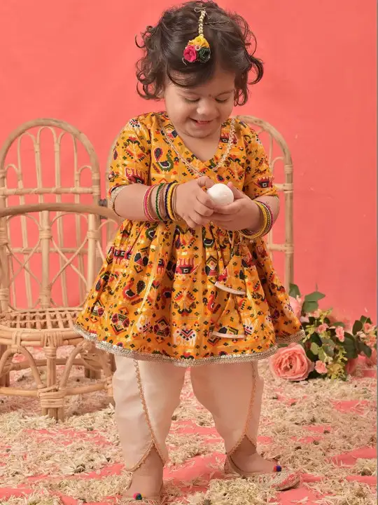 Image for VASTRAMAY-GirlsYellowAngrakhaStylePatolaPrintKurta%26amp%3BDhotiSet