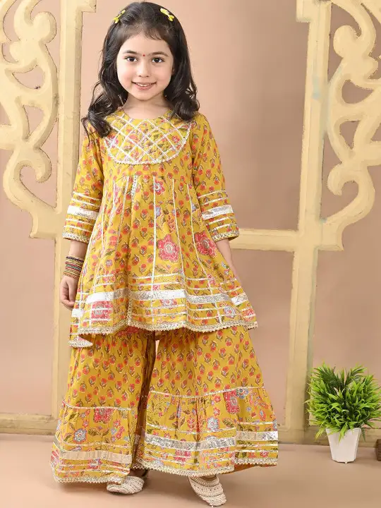 Image for Superminis-GirlsFloralPrintedPureCottonAnarkaliKurtiwithSharara