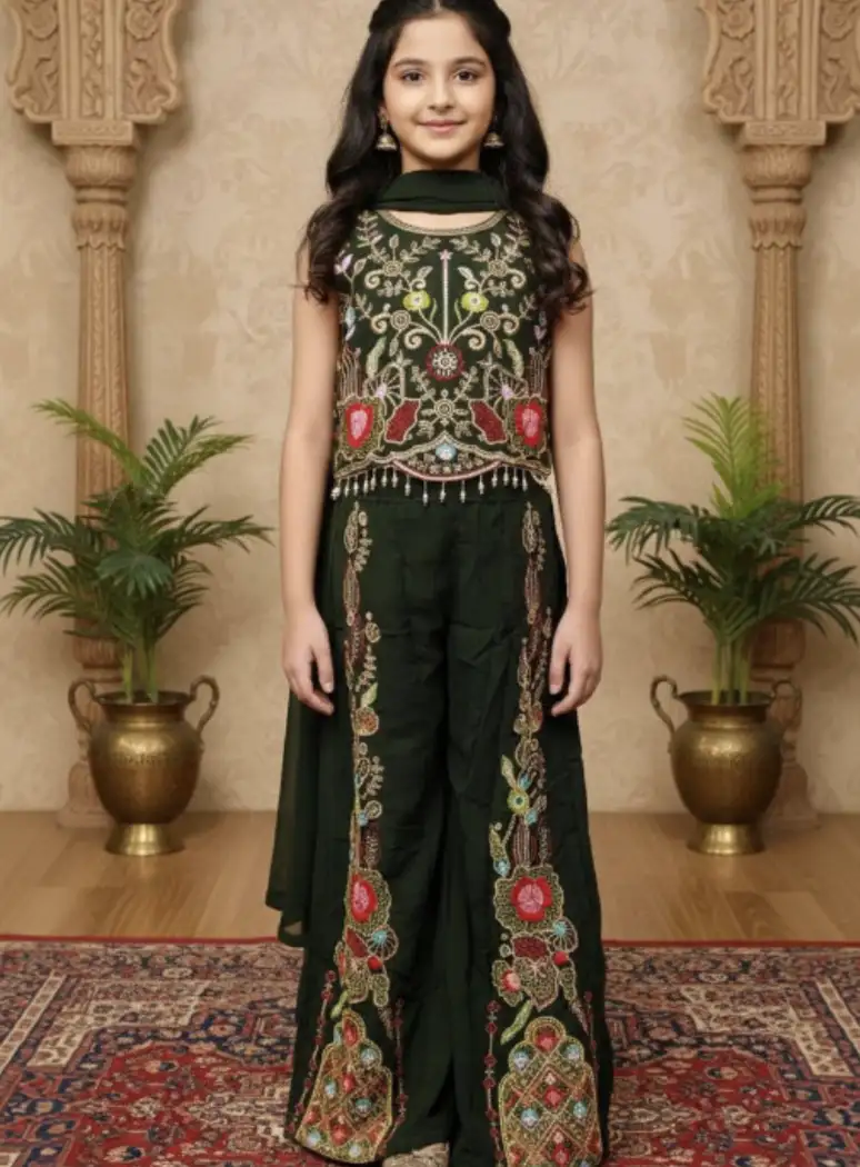 Image for SangriaEmbroideredGeorgetteRoundNeckTop%26amp%3BPalazzosKurtaSets