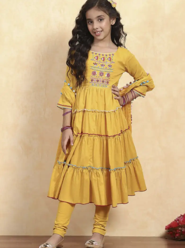 Image for BibaGirlsEmbroideredCottonKurta%26amp%3BChuridarBottomWithDupatta