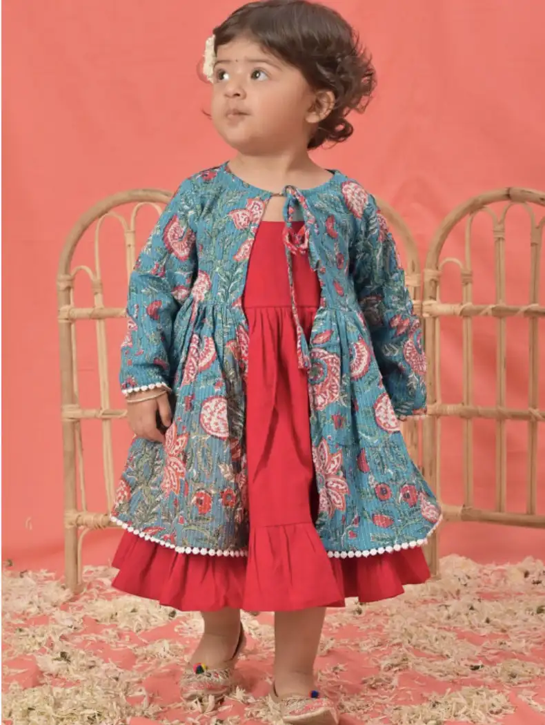 Image for VASTRAMAYGirlsRedKalamkariAnarkaliDressWithPrintedJacket