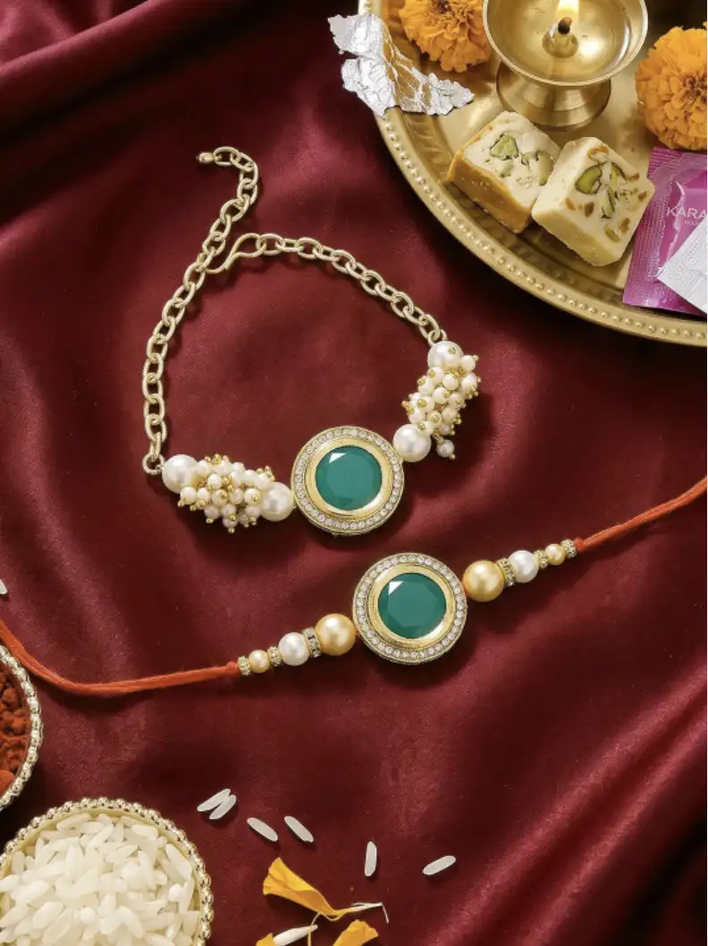 Image for KARATCARTSetof2Gold-platedPolkiKundanBhaiBhabhiRakhiSet