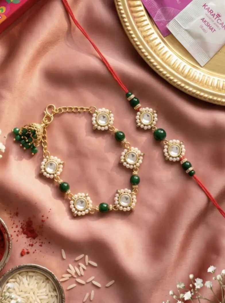 Image for KARATCARTGreenSetof2Gold-PlatedBeadedBhaiBhabhiKundanRakhi