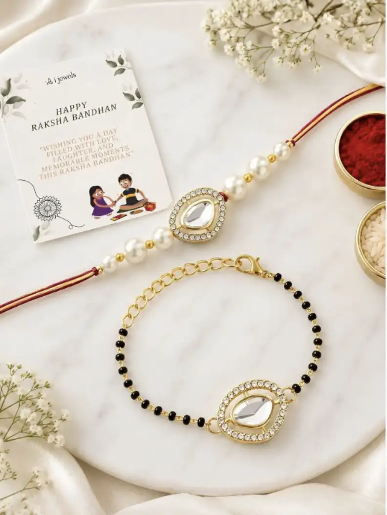 Image for IJewelsSetOf2StoneStuddedBhaiBhabhiMangalsutraBraceletRakhiSet