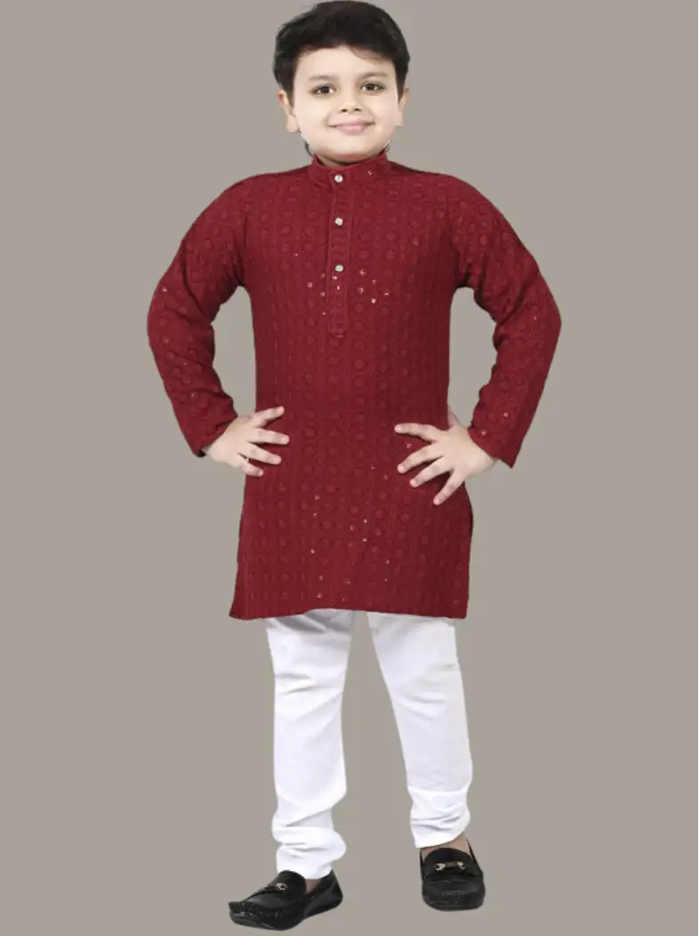Image for BTDEZINESBoysEthnicMotifsChikankariEmbroideredRegularSequinnedKurtawithPyjamas
