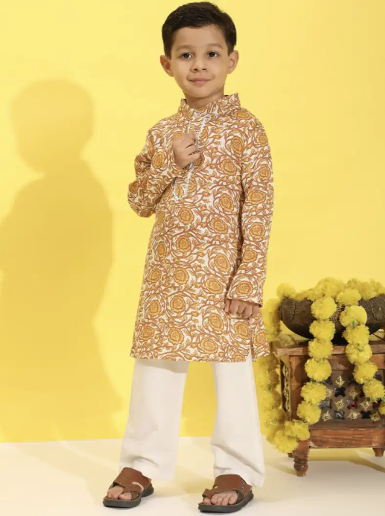 Image for CutiekinsBoysEthnicMotifsPrintedBandCollarKurtaWithPyjamas