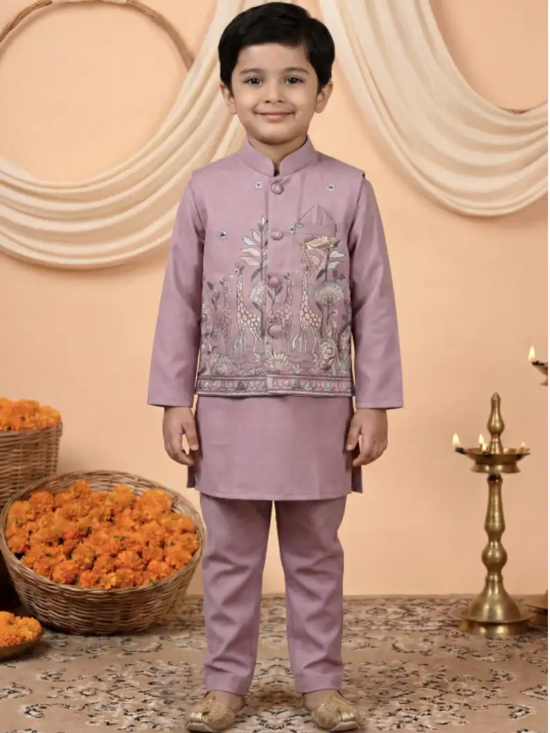 Image for BTDEZINESJacketEmbroideredFloralEthnicMotifsPrintedKurtaPyjamaSet