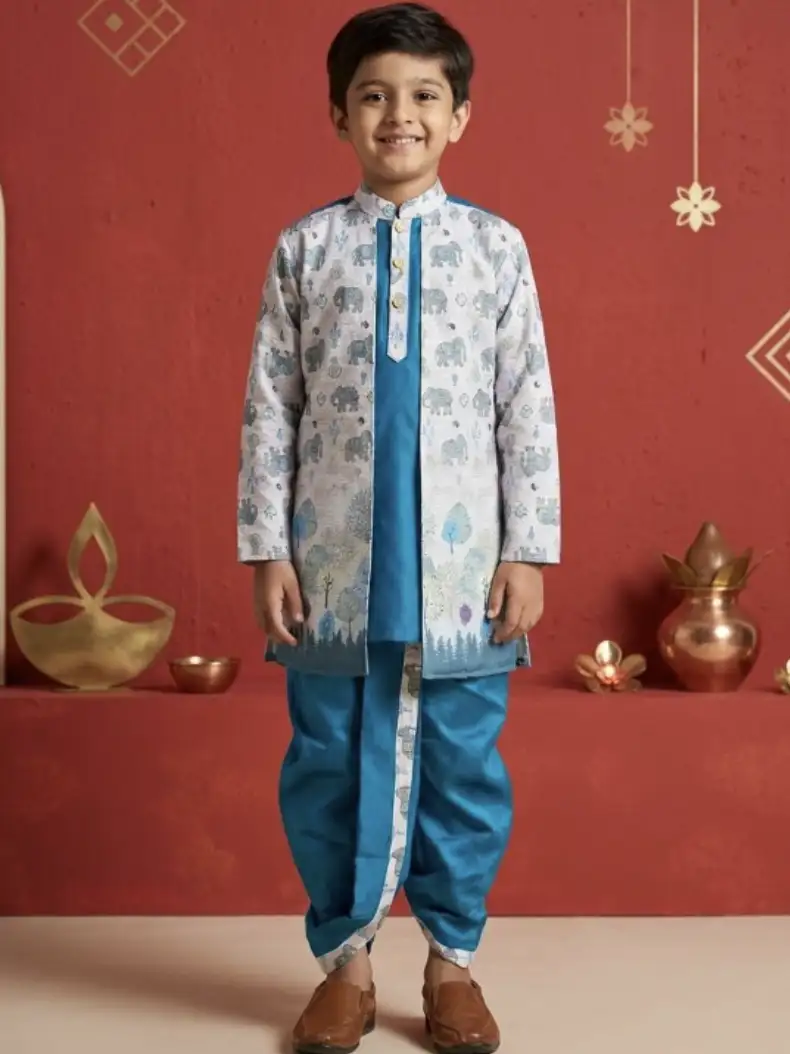 Image for CaeBoysEthnicMotifsPrintedLayeredDupionSilkKurtawithDhotiPants