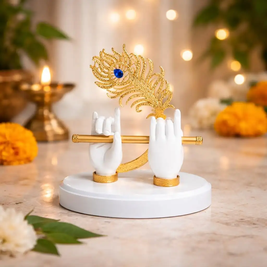 Image for CraftVatikaGoldplatedKrishnaHandwithFluteIdolPeacockFeather