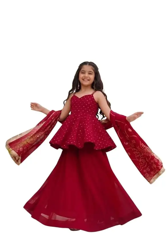 Image for Girl'sWineRedCrunchySilkSleevelessSweetheartNeckPeplumTopwithShararaandSequinEmbroideredDupattaSet
