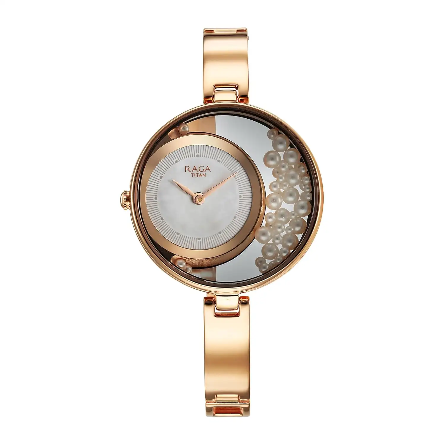 Image for TitanRagaPowerPearlsQuartzAnalogWhiteDialRoseGoldMetalStrapWatchforWomen