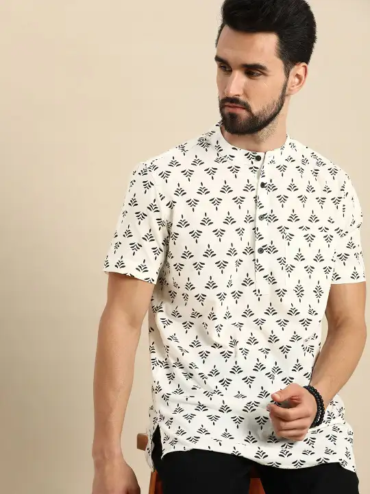 Image for Anouk-MenWhite%26amp%3BBlackEthnicMotifsPrintedShortKurta