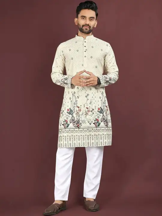 Image for KURTAWALLAH-MenGeometricPrintedThreadWorkFloralKurta