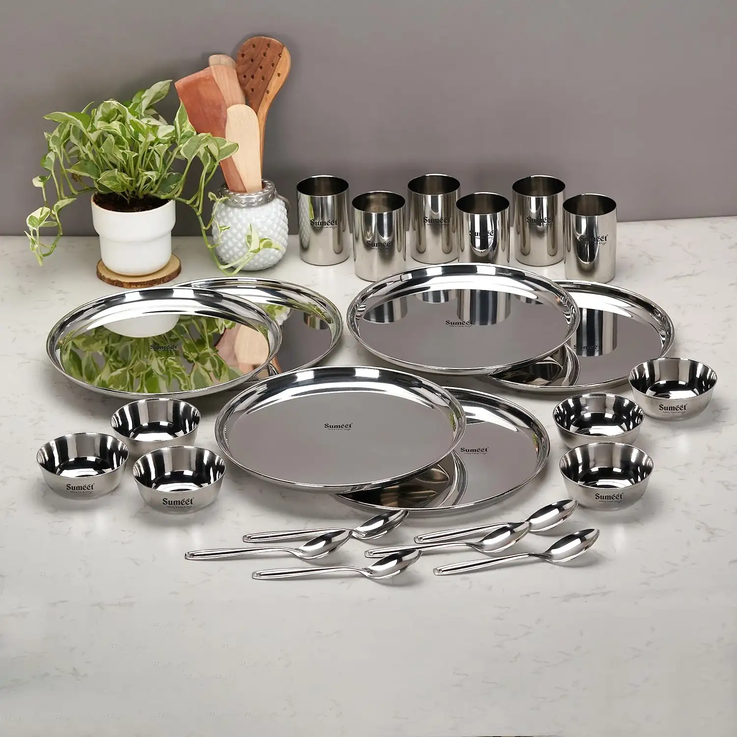 Image for SumeetStainlessSteelSolidHeavyGaugeMirrorFinishDinnerSetOf24Pcs