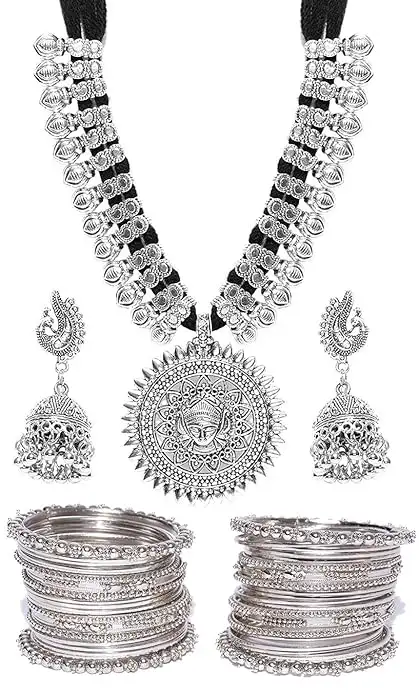 Image for YouBellaJewellerySetsforWomenSilverPlatedAfghaniTribalNecklaceJewellerysetwithEarringsandBanglesComboForGirls%3AWomen