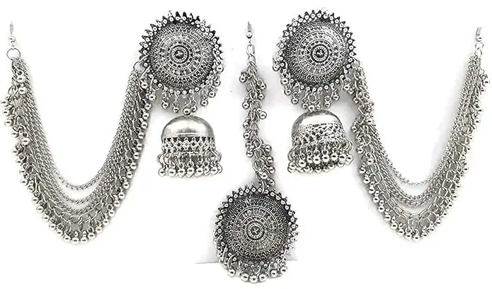 Image for ShiningDivaFashionLatestOxidisedGermanSilverAntiqueDesignStylishTraditionalMaangTikkaJhumkaEarringsJewellerySetforWomen