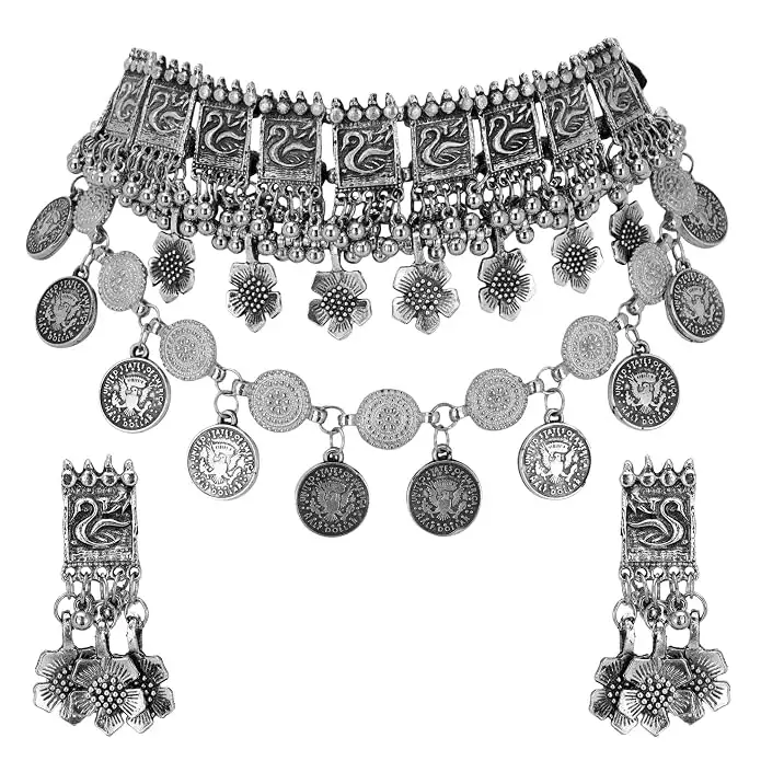 Image for ShreyadzinesExclusiveGermanSilverOxidizedTraditionalLatestFashionPeacockChokerNecklacewithEarrings