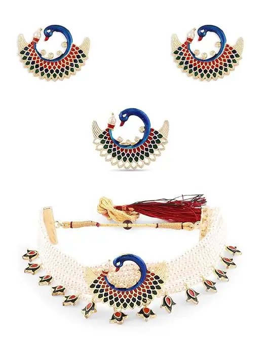 Image for ZAVERIPEARLSMulticolorMeenakariPeacockInspiredMultistrandPearlsChokerNecklaceEarring