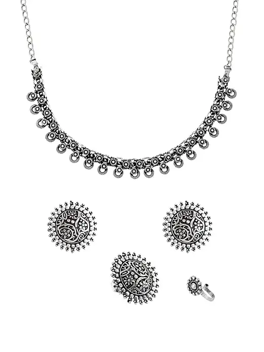 Image for YellowChimesOxidisedNecklaceSetForWomenAndGirlsGermanSilverOxidisedDesignedEthnicJewellery