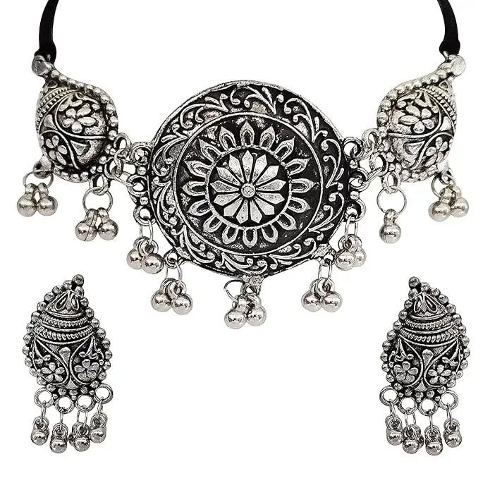 Image for ShiningDivaFashionLatestStylishTraditionalOxidisedSilverNecklaceJewellery