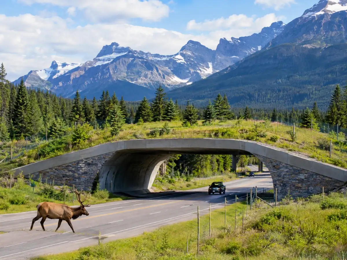 Banff used 6 vegetated overpasses to curb highway wildlife collisions along 82km of road; the result transformed fragmented wilderness into connected animal corridors 