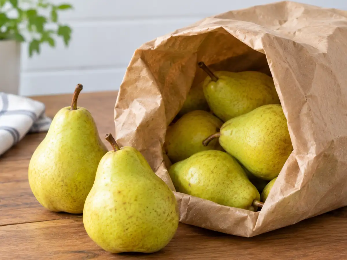 Put hard pears in a tightly closed paper bag: The gas they naturally release gets trapped inside and speeds up the ripening process that takes 7-10 days